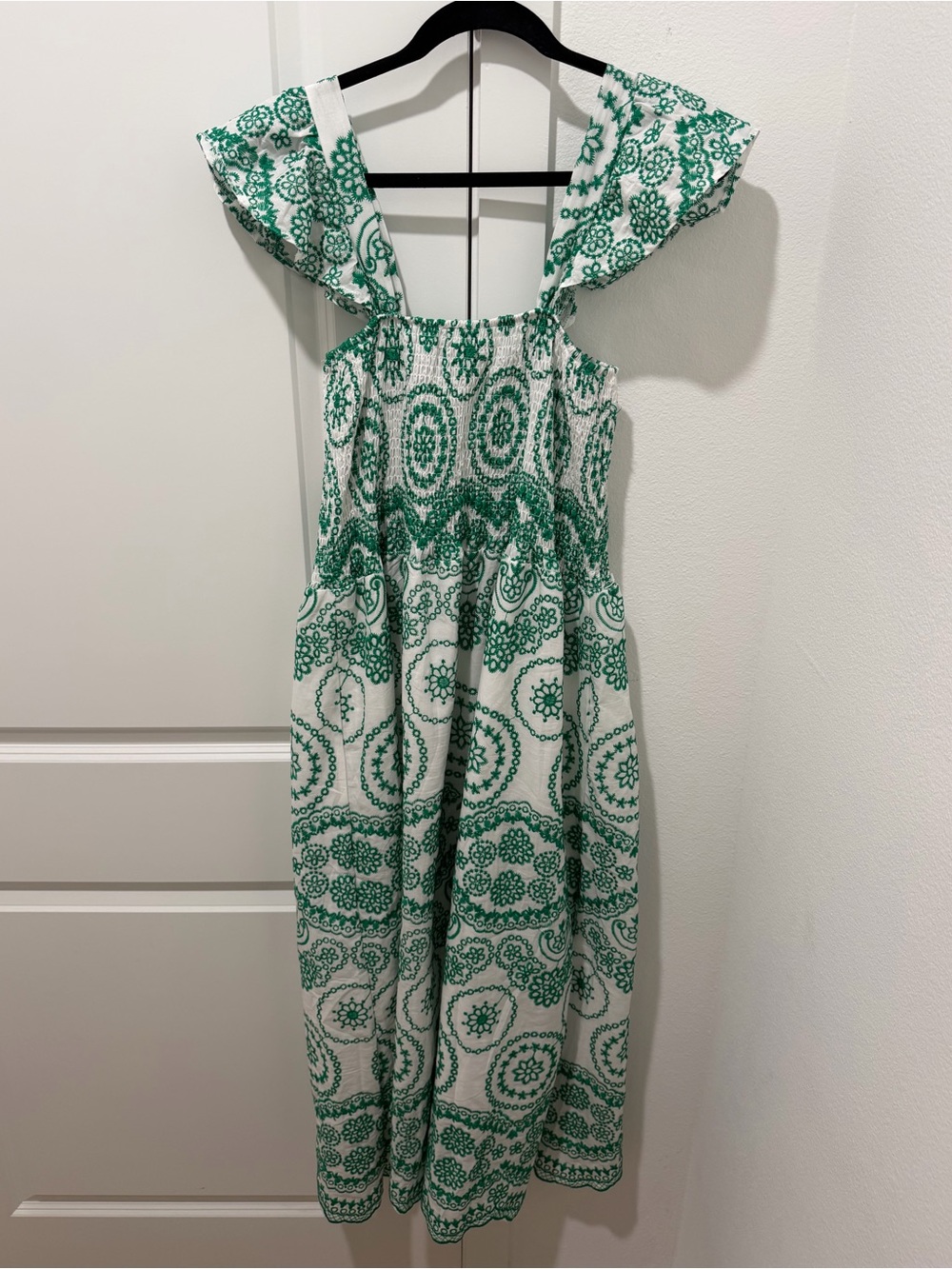 Green Embroidered Square-Neck Maxi Dress with Smocked Bodice and Flutter Sleeves - Picture 3 of 5
